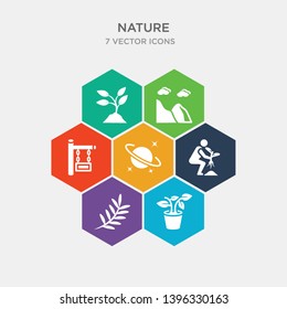 simple set of flower pot, fern, cultivation, saturn with his ring icons, contains such as icons wood board, hill, grows and more. 64x64 pixel perfect. infographics vector