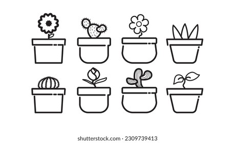 Simple set  Flowers pot icon, Set floral plants and blooming cactus in pots isolated with line, Decorative element in thin linear style. Flat illustration isolated on white background.