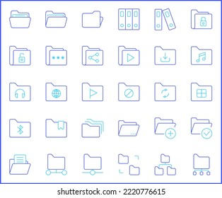 Conjunto simple de iconos de línea de vectores relacionados con la carpeta.
Colección vectorial de documentos, archivos, tecnología, símbolos de elementos diversos y de diseño o elementos de logotipo en contorno delgado.