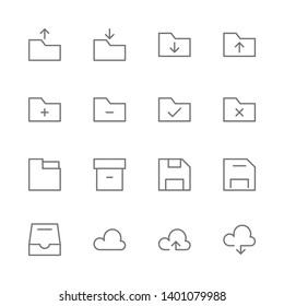 Simple Set of folders Related Vector thzin outline Icons. Contains such as  box, file, information, transfer, save, disc, cloud computing, portfolio, data, drive, online and more. illustration.