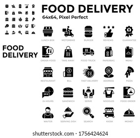 Simple Set of Food Delivery Glyph Icons such Icons as lunch box, motorbike, fast delivery, take away. 64x64 Pixel Perfect 