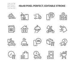 Simple Set Of Food Delivery Related Vector Line Icons. Contains Such Icons As Courier On The Bike, Food Box, Contactless Delivery And More. Editable Stroke. 48x48 Pixel Perfect.