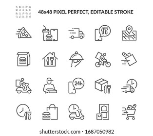 Simple Set Food Delivery Related Vector Line Icons  Contains such Icons as Courier the bike  Food Box  Contactless Delivery   more  Editable Stroke  48x48 Pixel Perfect 