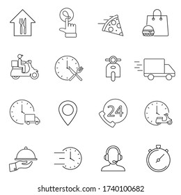 Simple Set of Food Delivery Related Vector Line Icons. Contains such Icons as Courier on the bike, Contactless Delivery and more. Outline art illustration isolated on white background.