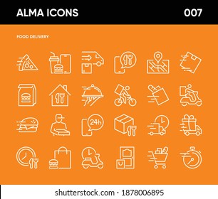 Simple Set of Food Delivery Related Vector Line Icons. Contains such Icons as Courier on Scooter, Groceries, Shopping Cart, Contactless Delivery and more. 64x64 Pixel Perfect.