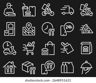 Simple Set of Food Delivery Related Vector Line Icons. Contains such Icons as Courier on the bike, Food Box, Contactless Delivery and more