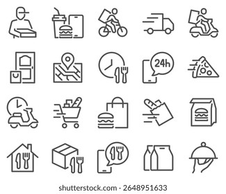 Simple Set of Food Delivery Related Vector Line Icons. Contains such Icons as Courier on the bike, Food Box, Contactless Delivery and more