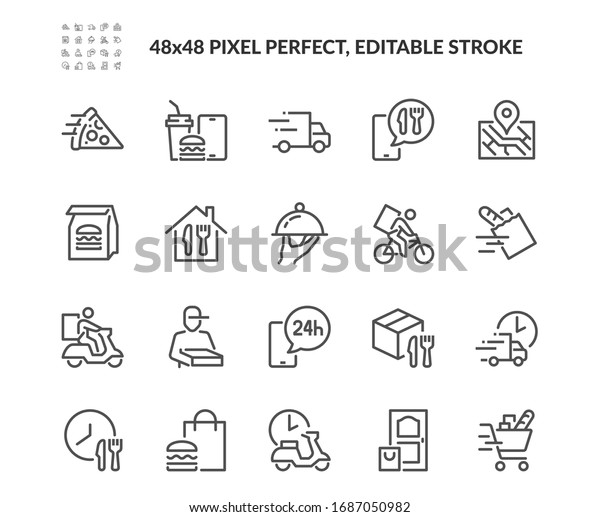 Simple Set of Food\
Delivery Related Vector Line Icons. Contains such Icons as Courier\
on the bike, Food Box, Contactless Delivery and more. Editable\
Stroke. 48x48 Pixel\
Perfect.