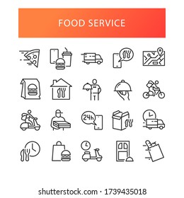 Simple Set of Food Delivery Service Related Vector Line Icons. Contains such Icons as Courier on the bike, Courier on the scooter Food Box, Online Order App, Waiter and more. Editable Stroke. 