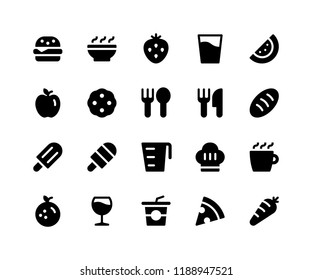 Simple Set of Food & Drink Related Vector Glyph Icons. Contains such Icons as burger, bowl, strawberry, watermelon, cookie and More. pixel perfect vector icons based on 32px grid. Well Organized