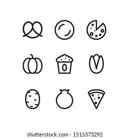 Simple Set of food and drink Related Vector Line Icons. Contains such pretzel, dish, pizza, pumpkin, popcorn, pistachio, potato, and pomegranate.