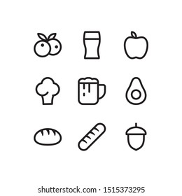 Simple Set of food and drink Related Vector Line Icons. Contains such blueberries, beer, apple, broccoli, avocado, bread, baguette, and acorn.