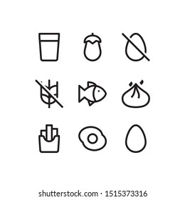 Simple Set of food and drink Related Vector Line Icons. Contains such water, eggplant, egg free, gluten free, fish, dumpling, french fries, fried egg, and egg.