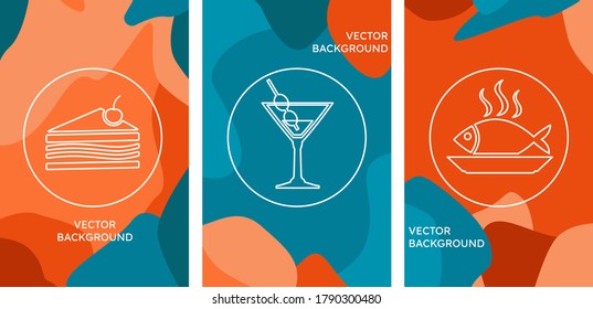 Simple Set of Food and Drink Restaurant Related Vector Line Icons Logo on bright background. Orange and Blue. Cocktail, cake, fish