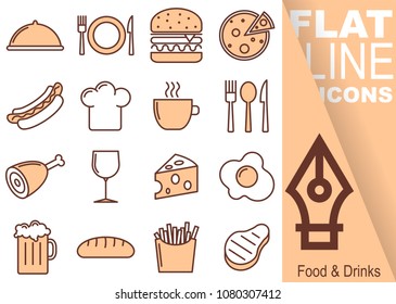 Simple Set of Food and Drinks vector flat line red Icons - hat, plate, burger, pizza, hot dog, cookie hat, mug, cutlery, leg, glass, cheese, egg, beer, bread, fries, steak