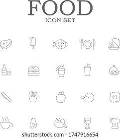 Simple set of food icons. Contains such icons as "coffee", "fish", "cocktail", etc. You can edit the stroke