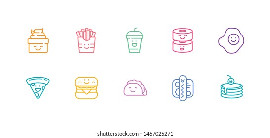 A simple set of Food kawaii vector line icons. Contains such Icons as a cute Burger, egg, french fries, hot dog, ice cream, pancake, pizza, soda, sushi, taco