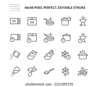 Simple Set of Food Preparation Related Vector Line Icons. 
Contains such Icons as Cooking Time, Preparation Steps, Pouring Instruction and more. Editable Stroke. 48x48 Pixel Perfect.
