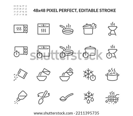 Simple Set of Food Preparation Related Vector Line Icons. 
Contains such Icons as Cooking Time, Preparation Steps, Pouring Instruction and more. Editable Stroke. 48x48 Pixel Perfect.