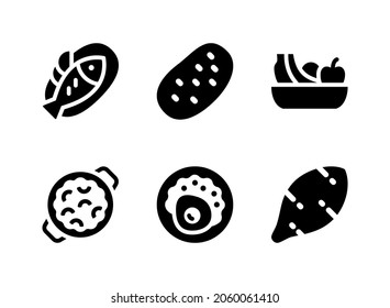 Simple Set of Food Related Vector Solid Icons. Contains Icons as Cooked Fish, Potato, Fruits and more.