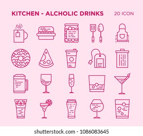Simple set of foods and alcoholic drinks vector line icons