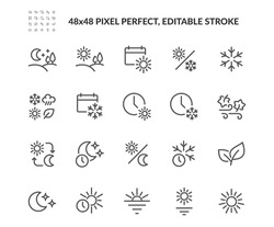 Simple Set Of Four Seasons And Day Parts Related Vector Line Icons. Contains Such Icons As Day-Night Switch, All Seasons, Night Time And More. Editable Stroke. 48x48 Pixel Perfect.