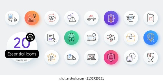 Simple set of Fragile package, Food delivery and Air balloon line icons. Include Delivery, Parcel invoice, Gps icons. Warning, Web inventory, Ship web elements. Package box. Vector