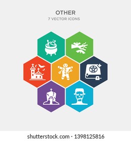 simple set of frankesntein monster, tombstone zombie hand, speell book, voodoo puppet icons, contains such as icons church with bats, branch bat, caudron and more. 64x64 pixel perfect. infographics