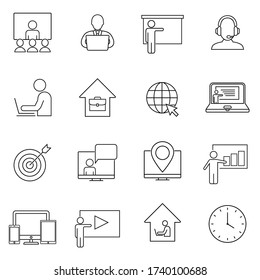 Simple conjunto de Iconos de línea de vectores relacionados con el trabajo independiente. Contiene iconos como el trabajo a distancia, la profesión, el autónomo y más. Ilustración de dibujo aislado en fondo blanco.