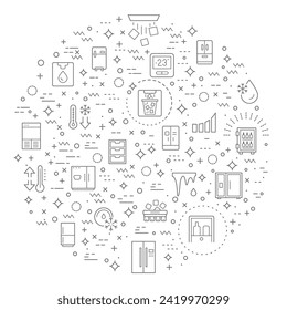 Simple Juego de Ilustración de la Línea de Vectores Relacionados con refrigerador y refrigerador. Contiene íconos como el hogar, electrodomésticos, hielo, copos de nieve, cocina, Celsius, Fahrenheit y más. 