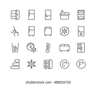 Simple Set of Fridge Related Vector Line Icons. 
Contains such Icons as Portable Fridge, Ice Machine, Silence and more.
Editable Stroke. 48x48 Pixel Perfect. svg