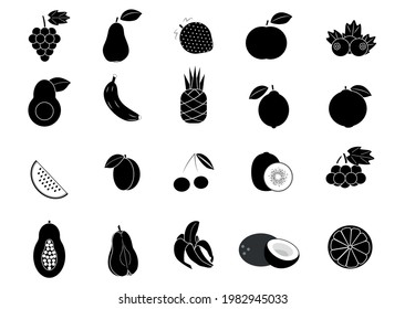 Simple set of fruit related vector line icons. Contains icons such as lemon, strawberry, grape, orange, watermelon, kiwi, coconut, cherry, pineapple, avocado, blueberry, apple and other icons.