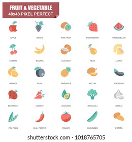 Simple Set of Fruit and Vegetable Related Vector Flat Icons. Contains such Icons as Apple, Banana, Coconut, Cherry,Watermelon, Beetroot, Potato and more. Editable Stroke. 48x48 Pixel Perfect.