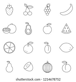 Simple Set of Fruit and Vegetable Related Vector Line Icons. Contains such Icons as Apple, Banana, Coconut, Cherry,Watermelon, Beetroot, Potato and more. Simple pictograms.
