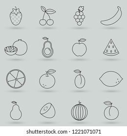 Simple Set of Fruit and Vegetable Related Vector Line Icons. Contains such Icons as Apple, Banana, Cherry,Watermelon, Beetroot, Potato and more. Simple pictograms.