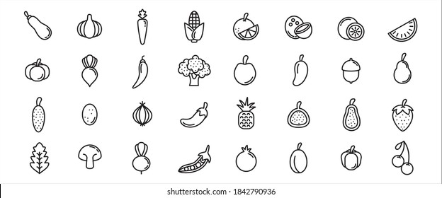 Simple Set of fruit and vegetable Related Vector icon graphic design template. Contains such Icons as citrus, lemon, broccoli, tomato, pineapple, mushroom, strawberry, mango, lychee and more
