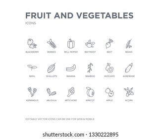 simple set of fruit and vegetables vector line icons. contains such icons as acorn, apple, apricot, artichoke, arugula, asparagus, aubergine, avocado, bamboo and more. editable pixel perfect.