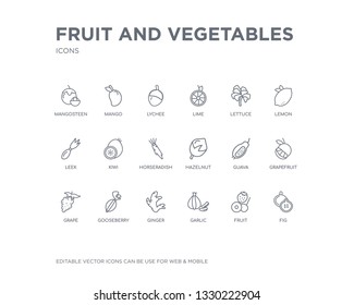 simple set of fruit and vegetables vector line icons. contains such icons as fig, fruit, garlic, ginger, gooseberry, grape, grapefruit, guava, hazelnut and more. editable pixel perfect.