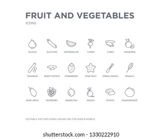 simple set of fruit and vegetables vector line icons. contains such icons as pomegranate, potato, radish, rambutan, raspberry, rose apple, spinach, spring onion, star fruit and more. editable pixel