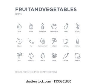 simple set of fruitandvegetables vector line icons. contains such icons as daikon, melon, olive, onion, orange, palm, papaya, paprika, parsley and more. editable pixel perfect.