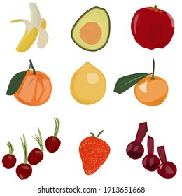 Simple Juego de frutas diseño idea vector de ilustración plana, Contiene tales frutos anaranjados, aguacate Apple, plátano de remolacha y más.