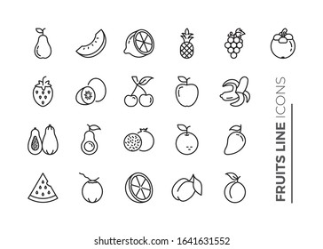 Simple Set of Fruits Related Vector Line Icons. Contains such Icons as Strawberry, Orange, Watermelon and more.