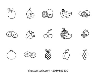 Simple Set of Fruits Related Vector Line Icons. Contains icons such as Apple, Pear, Orange, Banana, Lemon, Avocado, Strawberry , Cherry, Watermelon, Mangosteen, Pomegranate , and more