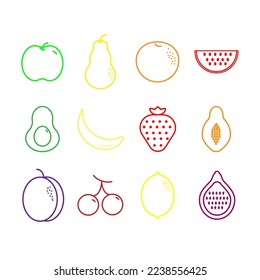 Einfache Auswahl von Früchten verwandte Vektorfarben-Symbole. Enthält solche Symbole wie Erdbeere, Orange, Banana und mehr.