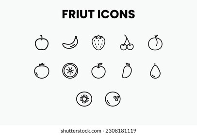 Einfache Set von Früchten verwandte Vektorliniensymbole. Apfel, Banana, Erdbeere, Kirsche und mehr. Einfache Vektorgrafik.
