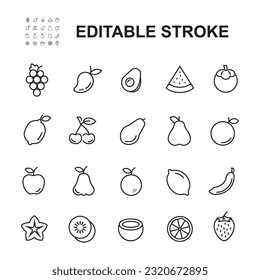 Simple Set of Fruits Related Vector Line Icons. Contains such Icons as Strawberry, Orange, Watermelon and more. Editable Stroke.