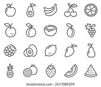 Simple Set of Fruits Related Vector Line Icons. Contains such Icons as Strawberry, Orange, Watermelon and more.