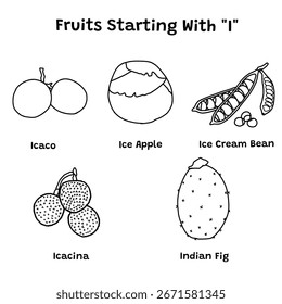 Un simple conjunto de frutas que comienzan con "I". Icaco, manzana helada, frijol helado, icacina, higo indio. Plantilla de diseño de Ilustración vectorial. Aislado en un fondo blanco.