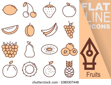 Simple Set of fruits vector flat line red Icons - lemon, cherry, strawberry, apple, melon, plum, banana, grape, raspberry, pear, kiwi, blueberry, peach, coconut, orange, pineapple
