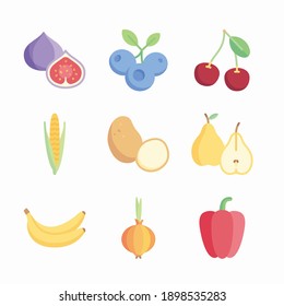 Einfache Set-Symbole für Obst und Gemüse und Vektorfarben